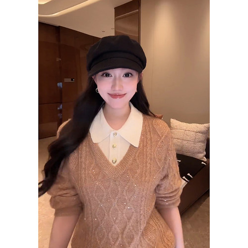 绵羊毛混纺假两件针织衫毛衣女