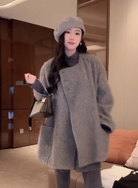 大李plus“10羊绒拉绒+90羊毛” 三粒扣灰毛呢大衣-D5CH5397