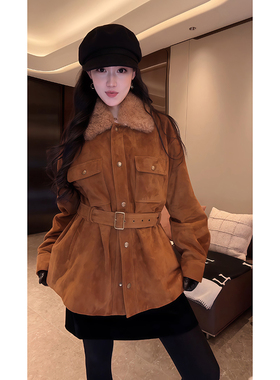 大李plus“羊皮革反绒90白鹅绒”山羊绒拼接可拆卸羽绒服D5CH5548