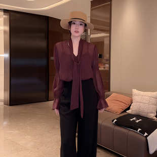 大李plus红棕条纹飘带衬衫女夏季荷叶边收口袖设计感新款显瘦上衣