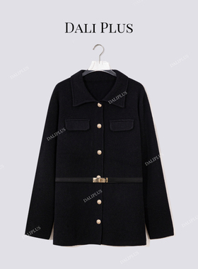 大李plus 黑色重磅羊毛腰带开衫毛衣外套女冬季巨时髦黑金针织裙