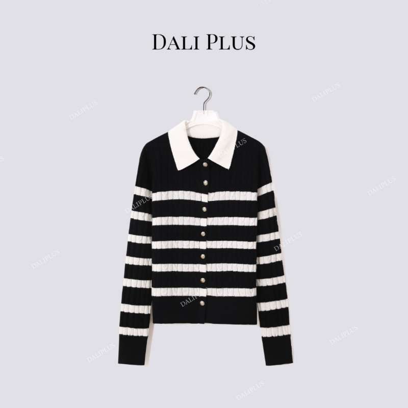 黑白条纹针织单排扣针织开衫