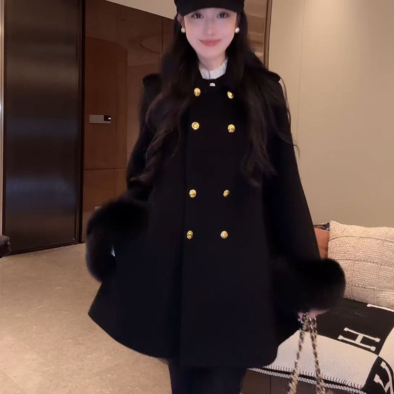 30羊绒+澳毛+狐狸毛”双肩章黑金双排扣呢大衣-D5CH5203