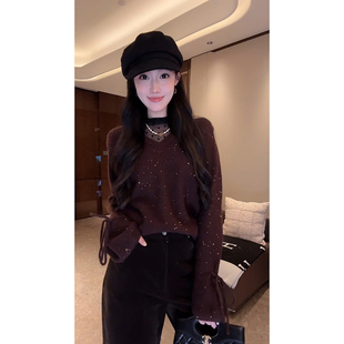 口设计针织衫 系绳袖 内搭上衣 波点蕾丝假两件毛衣女冬季 大李plus