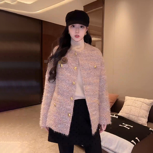 大李plus95白鹅绒粉紫小香风外套女冬季高级保暖羽绒服设计感上衣