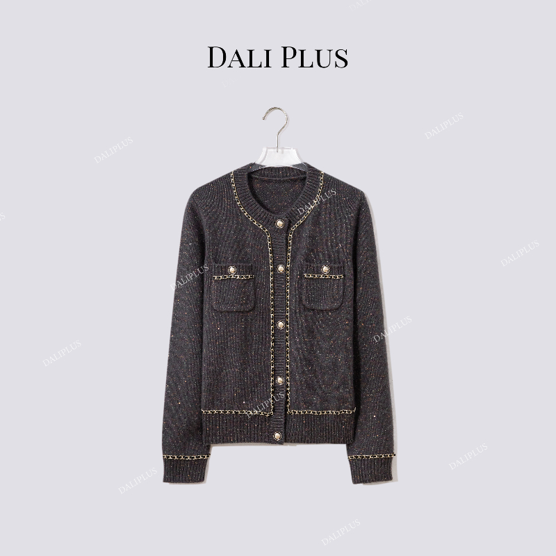 “灰紫彩点链条小香风针织“羊毛兔毛混纺开衫-D5CH5284