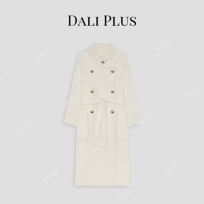 大李plus【羊毛+天丝】白色高领双排扣威廉双面呢大衣-D4CK0016-1