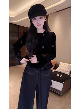 大李plus“樱桃丝绒上衣”小天鹅掐腰感优雅女装上衣-D5ST1653