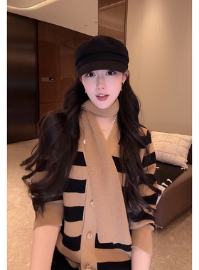 大李plus“可拆卸围巾条纹毛衣”100绵羊毛混纺针织衫-D5CH5436-1