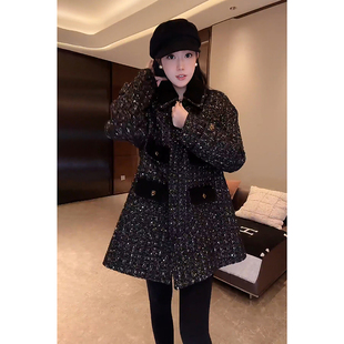 大李plus暗夜蓝闪闪香风毛呢外套女冬季限定黑色中长气质大衣外套