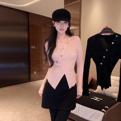 不规则交叉V领针织衫毛衣冬女季