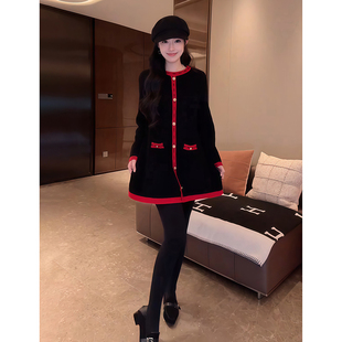 大李plus“黑红撞色小香风针织裙”中长款连衣裙女装-D5SZ8252-1