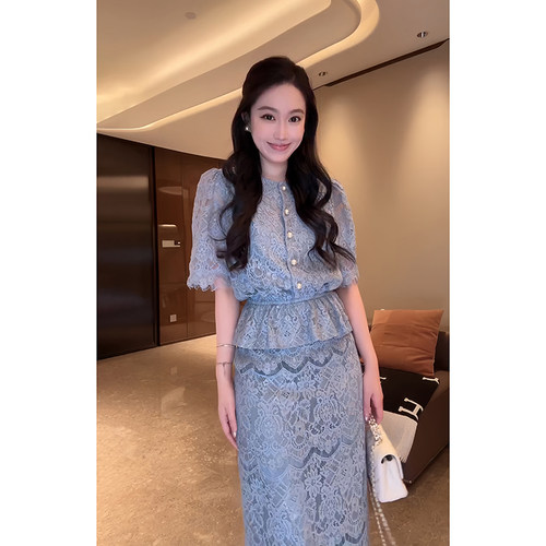 大李plus法式重工蓝蕾丝套装女夏季收腰显瘦荷叶摆上衣+长款半裙