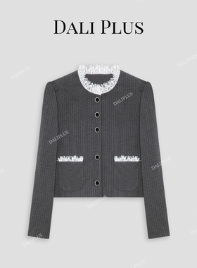 大李plus高级定制深灰色竖条纹拼接蕾丝立领小香风外套-D4SS0179