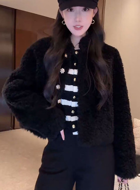 大李plus 黑色100绵羊毛单排扣短款颗粒绒毛毛外套女冬季百搭上衣