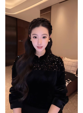 大李plus“新中式丝绒闪片上衣“立领盘扣设计衬衫-D5SS7348