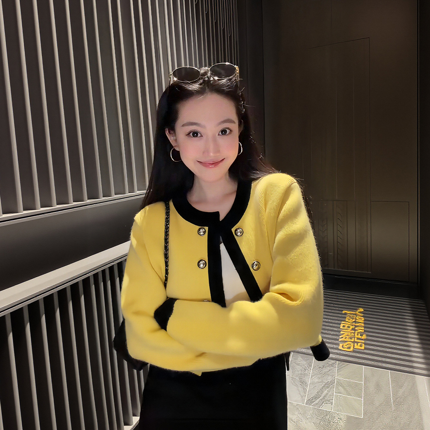 大李plus小香风撞色绵羊毛针织外套女秋季圆领双排扣氛围感短上衣
