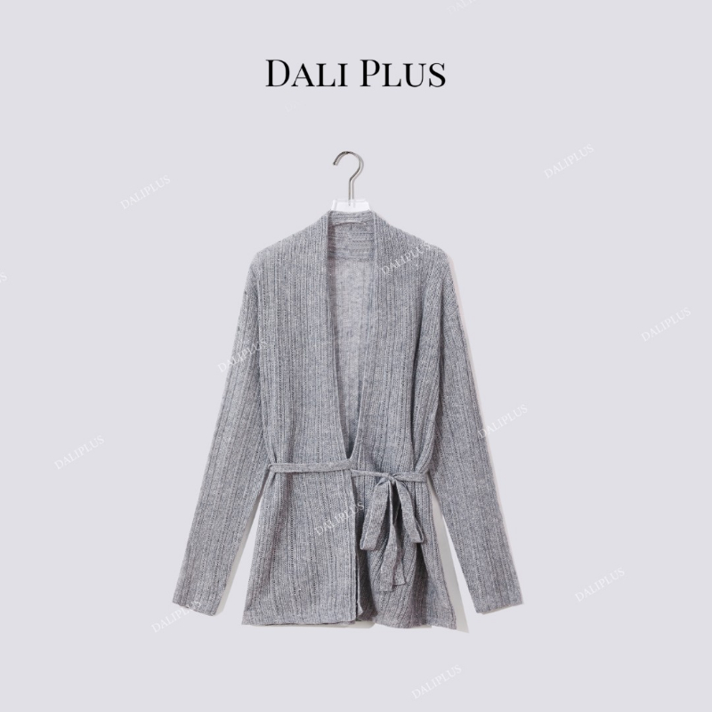DALI PLUS山羊绒竖坑条系带外衫松弛针织衫外套-D5CK2141