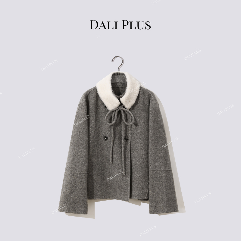 可拆卸领短款双面呢外套