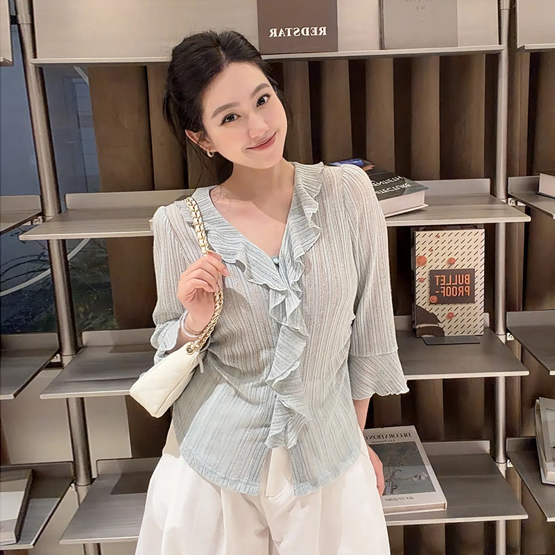 大李plus荷叶领竖条纹长袖薄款上衣女夏季掐腰设计感修身显瘦小衫