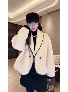 DALI PLUS“Co.Co奶黄羊毛外套”皮革包边撞色短款外套-D5CH5230