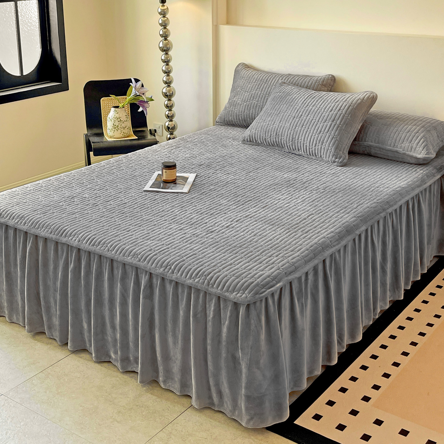 冬季加厚牛奶绒床裙三件套柔软