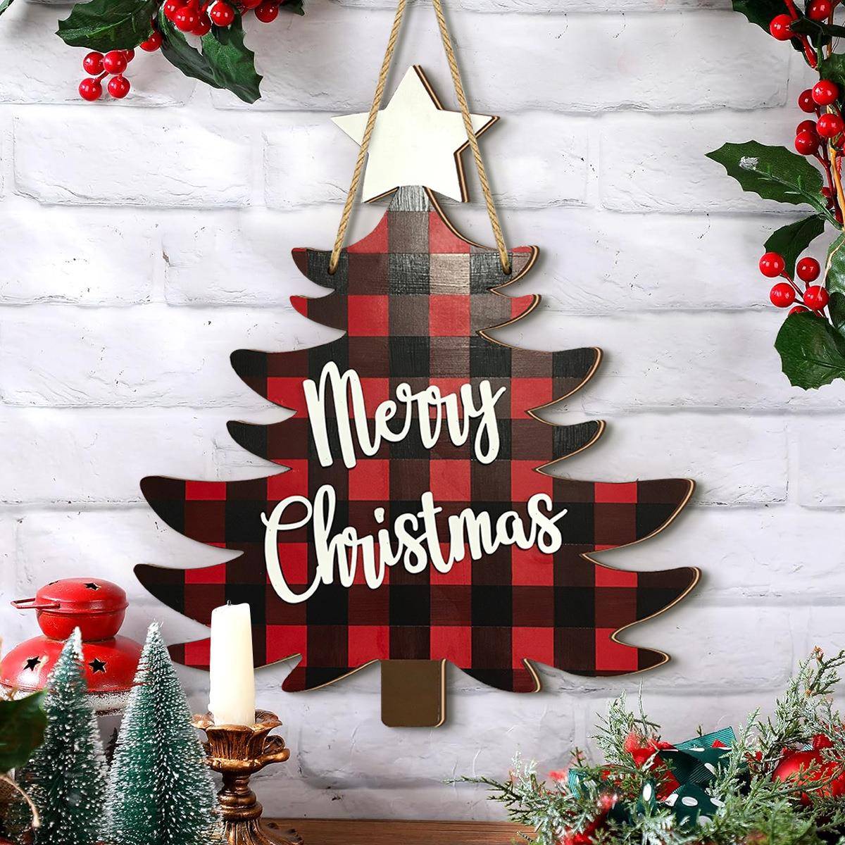 跨境temu新款家居装饰 圣诞节红黑格纹圣诞树木质创意装饰牌