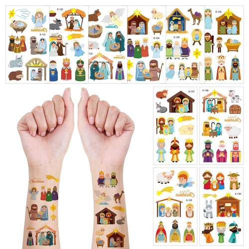 25新款 新年圣诞节马槽诞生主题纹身贴纸 圣诞节日派对防水脸贴