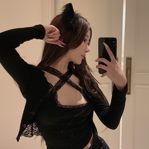 chicyou甜辣心机纯欲性感交叉蕾丝吊带背心长袖开衫两件套春秋冬