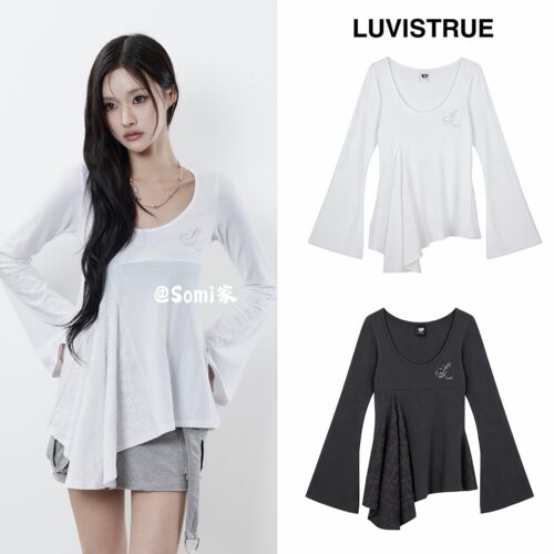 somi家 韩国直邮luv is true韩系蕾丝拼接不规则下摆U领喇叭长袖