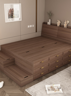 榻榻米衣柜床一体青灰色实木定制床多功能储物床卧室组合大衣柜床