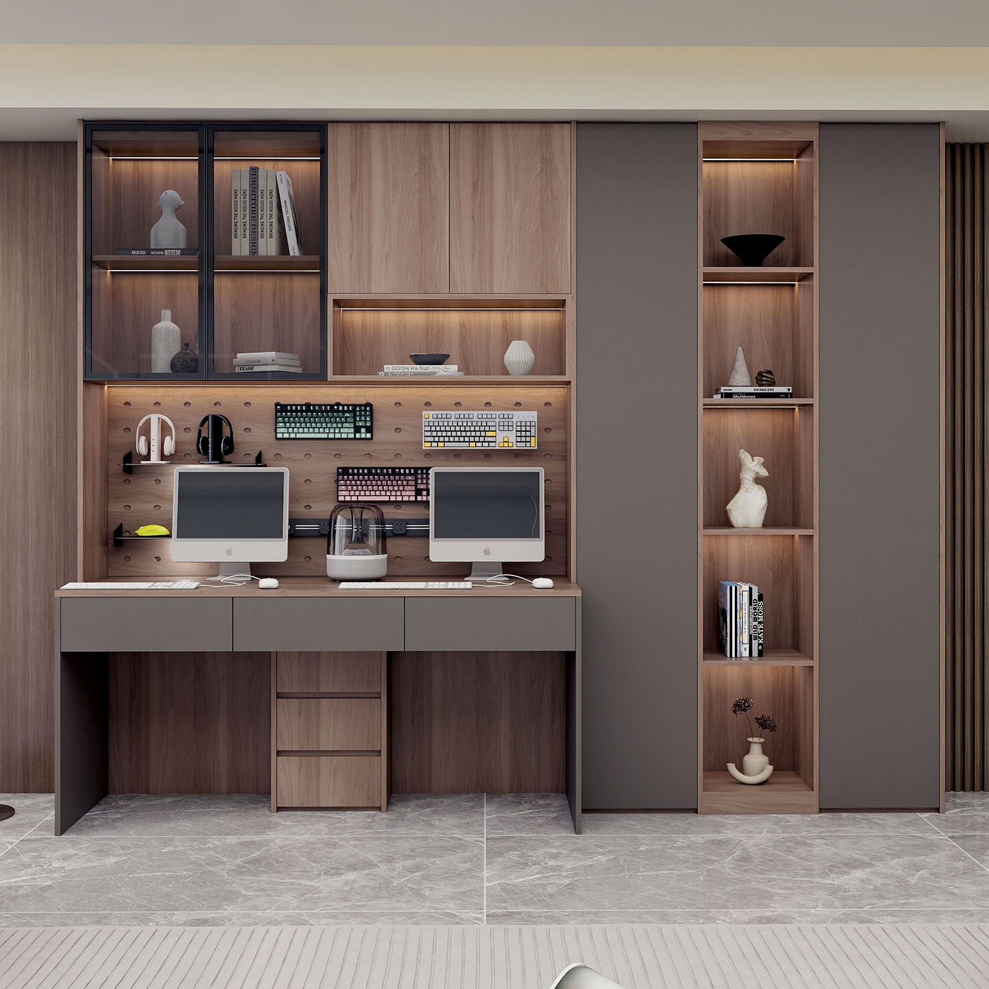 定制实木双人书桌书架一体