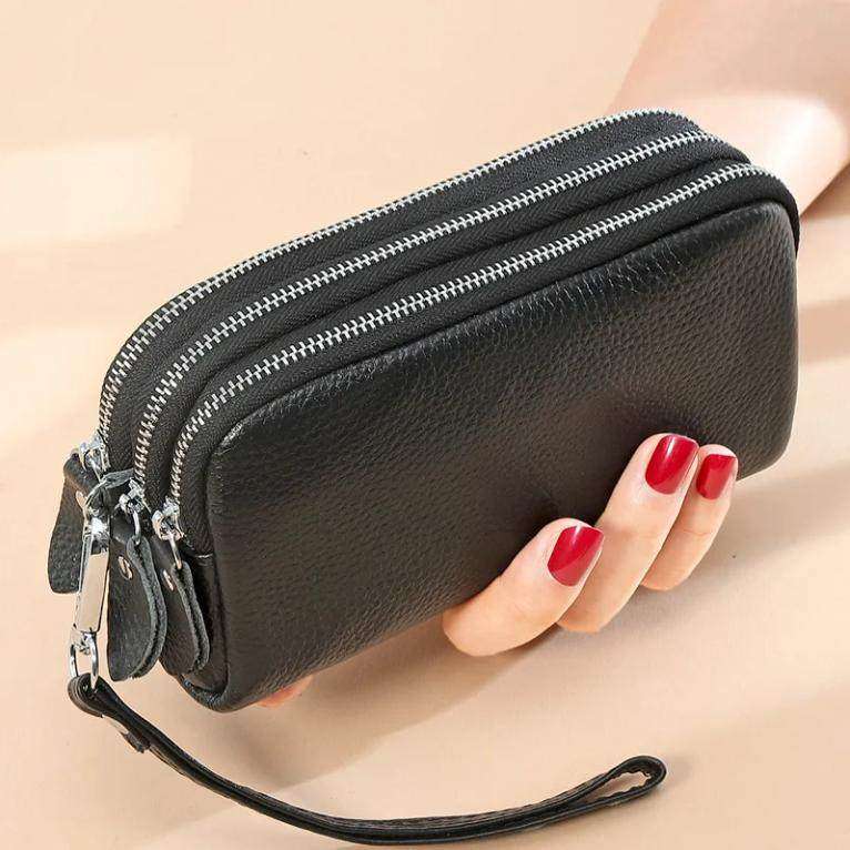 时尚大容量长款女士钱包头层牛皮质感手拿包三层拉链多功能手机包