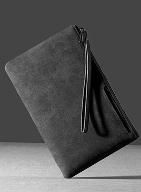 欧美时尚男士手拿包黑色绒面拉链信封包休闲大容量简约手包便携