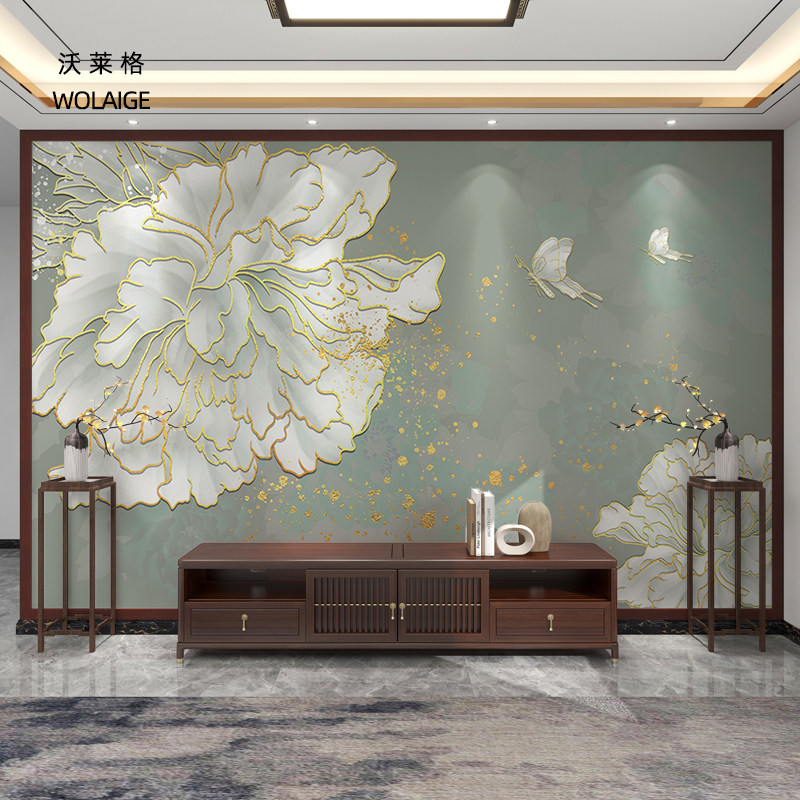 新中式牡丹花电视背景墙布客厅沙发壁画书房卧室浮雕花开富贵壁布