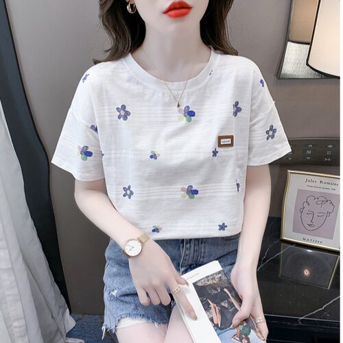 印花刺绣T恤女装2026新款夏季正肩时尚百搭小个子雪纺衫短袖0527k