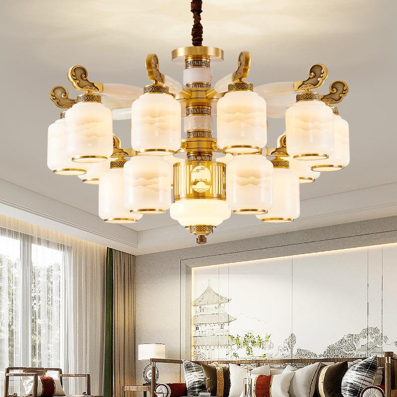 全铜新中式朝下款玉石客厅吊灯2023新款大气别墅复式大厅复古灯具