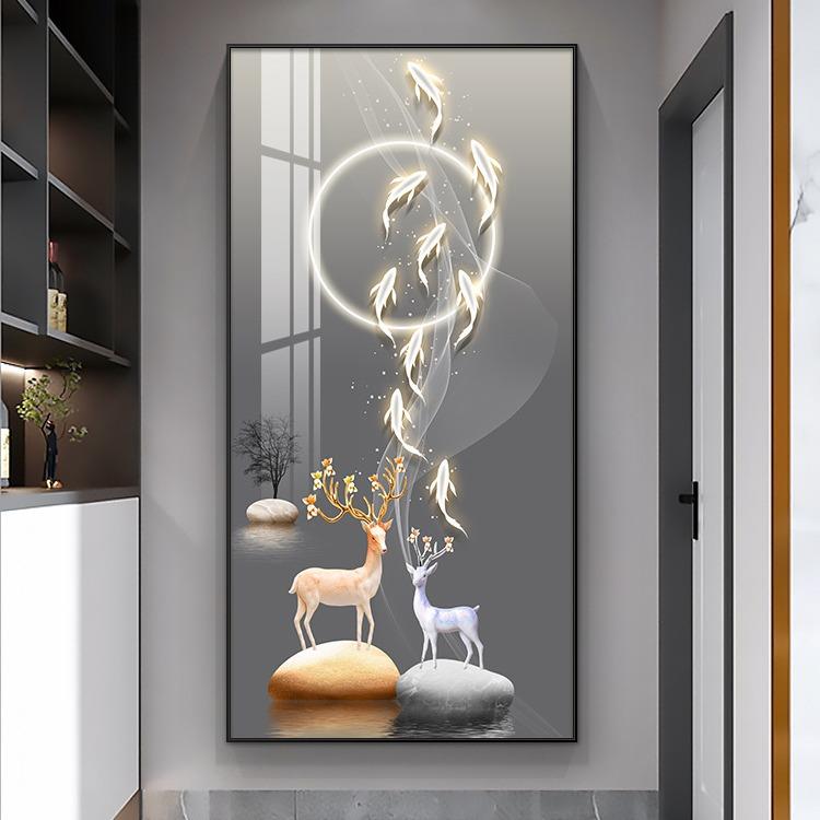 轻奢入户玄关装饰画进门客厅走廊过道挂画新款大气麋鹿竖版墙壁画