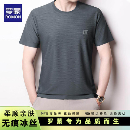 罗蒙无痕冰丝华夫格圆领短袖t恤男士夏季商务休闲弹力透气上衣