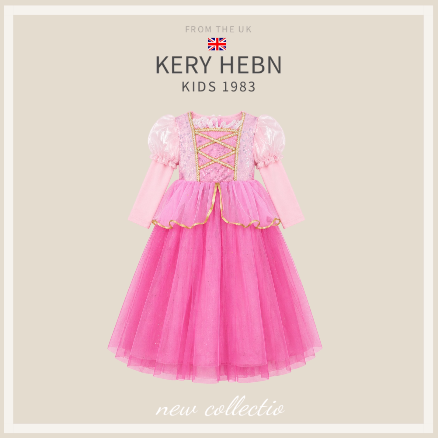 KeryHebn女童公主裙秋季粉色睡美人儿童生日礼服网纱泡泡袖蓬蓬裙