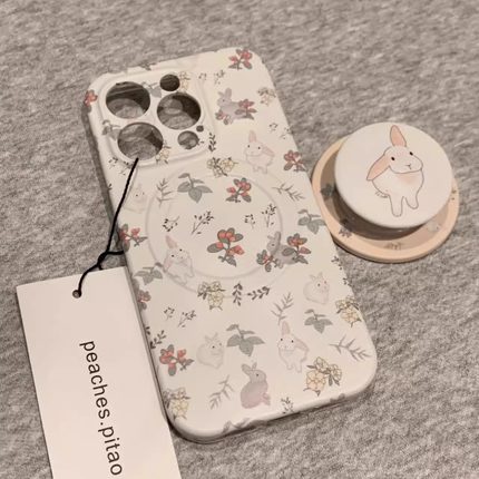 可爱油画碎花兔子磁吸支架iPhone16promax新款16苹果15promax手机壳15小众创意13p少女14pro二合一全包保护套