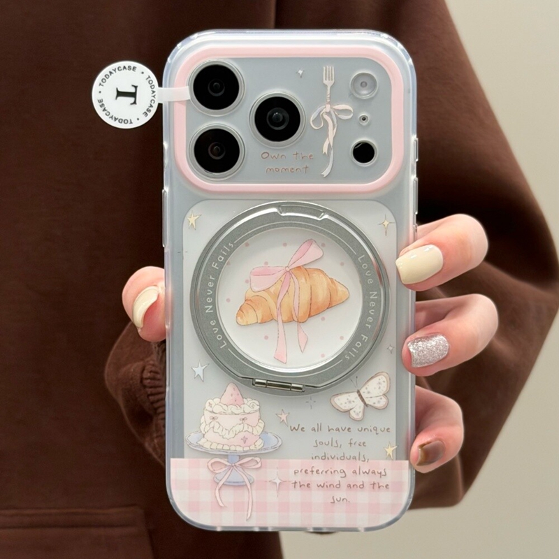 ins蝴蝶结牛角包一体式旋转折叠支架适用苹果17promax新款iPhone16promax手机壳17创意14P卡通15少女13保护套