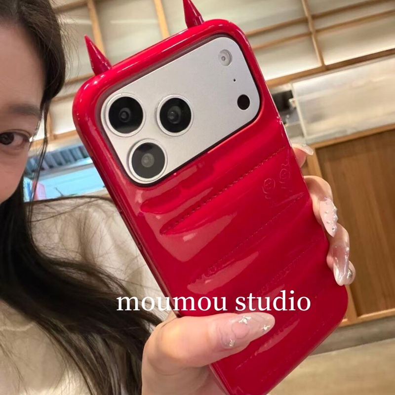 ins高级感红色皮质羽绒服立体恶魔角适用苹果17promax新款iPhone16promax手机壳17创意14个性15P少女13保护套