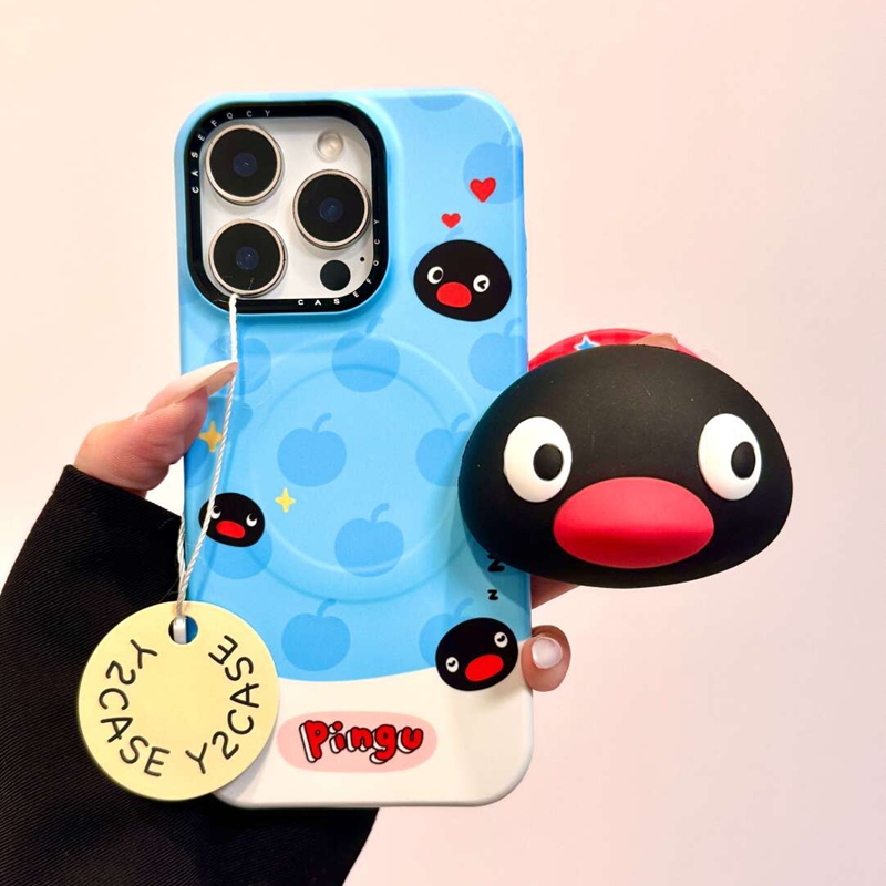软萌卡通立体呆呆pinggu企鹅磁吸支架适用苹果16promax新款iPhone17promax手机壳14趣味13可爱15pm个性保护套