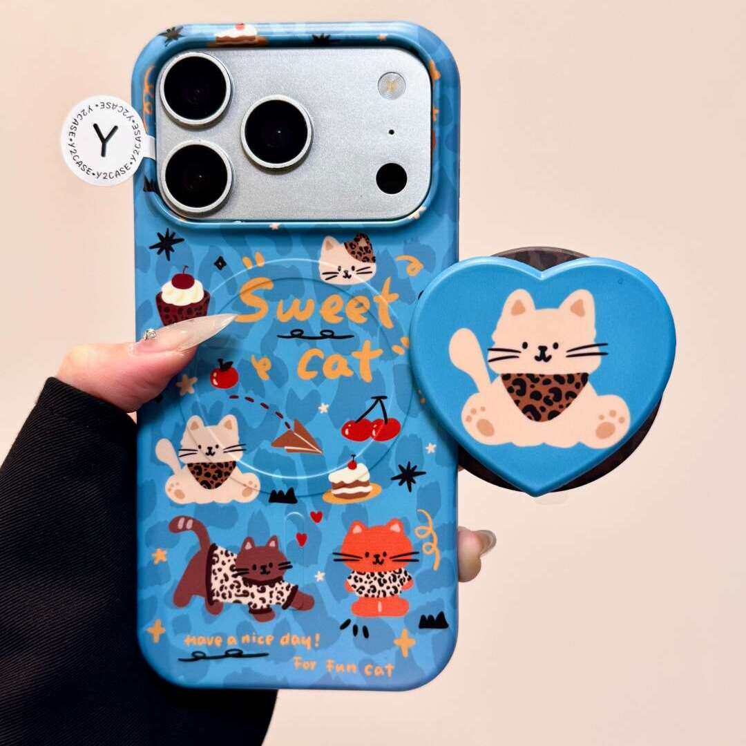 可爱涂鸦豹纹围巾小猫咪磁吸支架适用iPhone17Promax手机壳苹果16Promax新款15pro个性创意16卡通17pro保护套