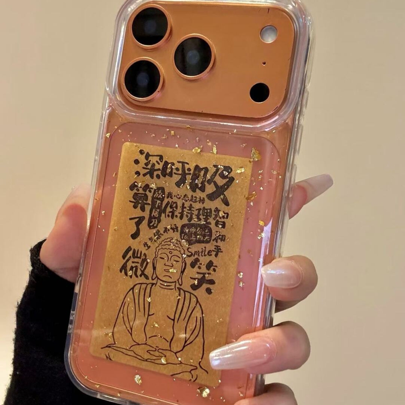 创意文字闪粉微笑佛祖适用苹果17promax新款iPhone16promax手机壳15Pm个性13小众14Pro高级感17Pro透明保护套