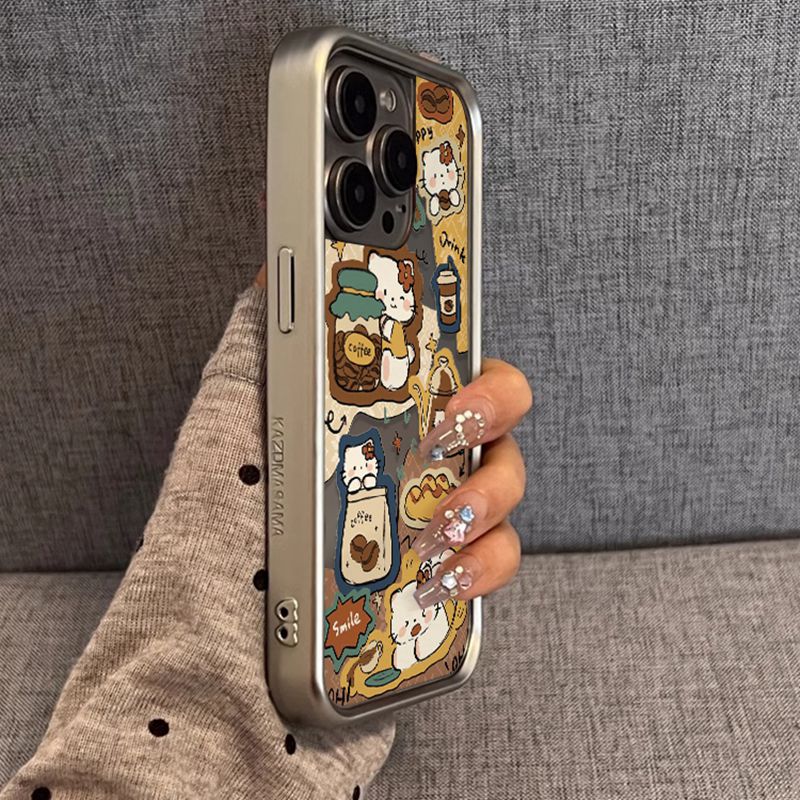 日韩咖啡KT猫iphone15promax手机壳新款14promax卡通可爱15小众16pro个性趣味12少女11创意全包13电镀保护套