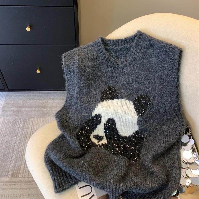 灰色重工亮片熊猫提花马甲女秋款软糯羊毛针织背心叠穿高级感马夹