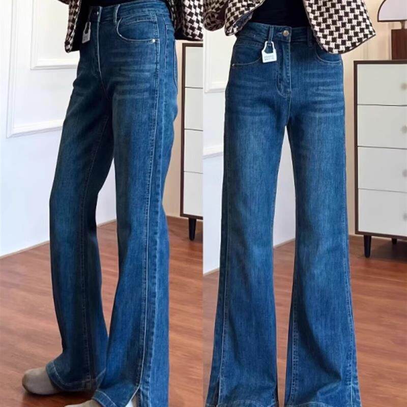 2026新款开叉高腰微喇叭牛仔裤女春季梨型身材大码胖mm显瘦弹力拖