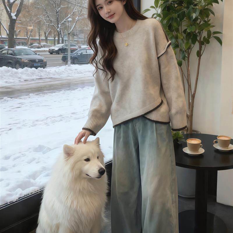 不规则设计感燕麦色针织毛衣女款2026年秋冬季新款独特超好看上衣